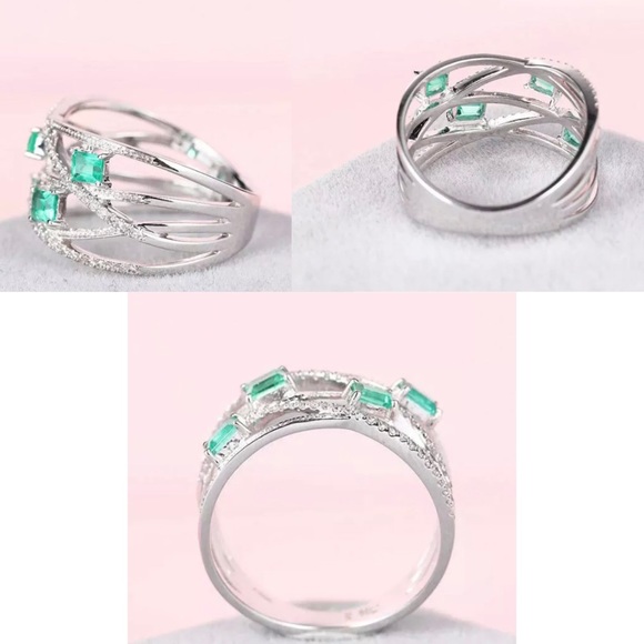 Emerald Quartz Paved Wavy Spilt Art Deco Band Ring - Picture 3 of 5